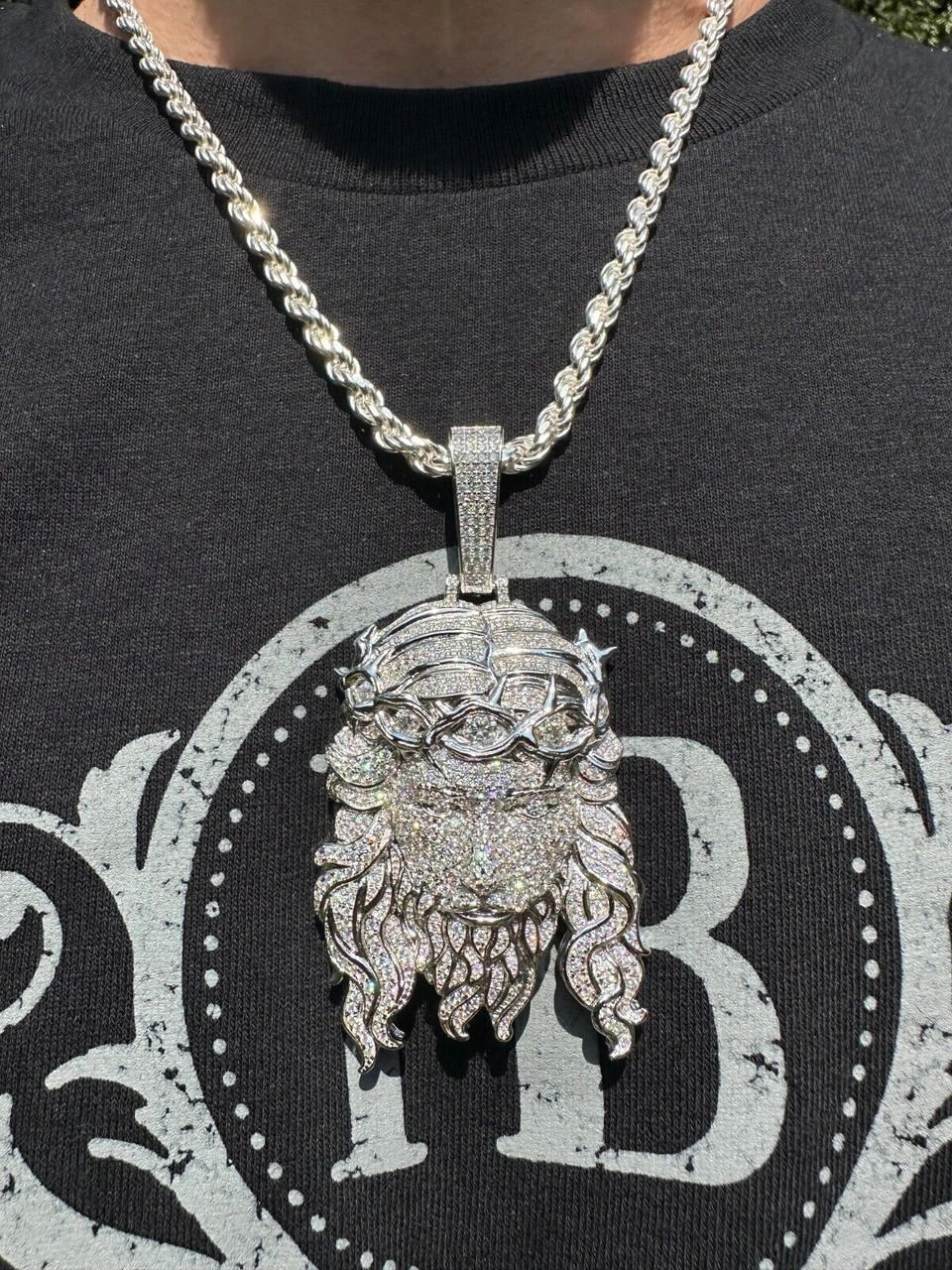 Real 925 Sterling Silver Iced Hip Hop Jesus Piece Pendant Necklace Solid Back 4 Real 925 Sterling Silver Iced Hip Hop Jesus Piece Pendant Necklace Solid Back - Image 2