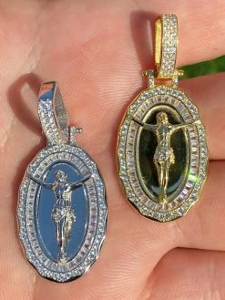 Real 925 Sterling Silver - Jesus Piece Necklace Pendant Iced Baguette Medallion
