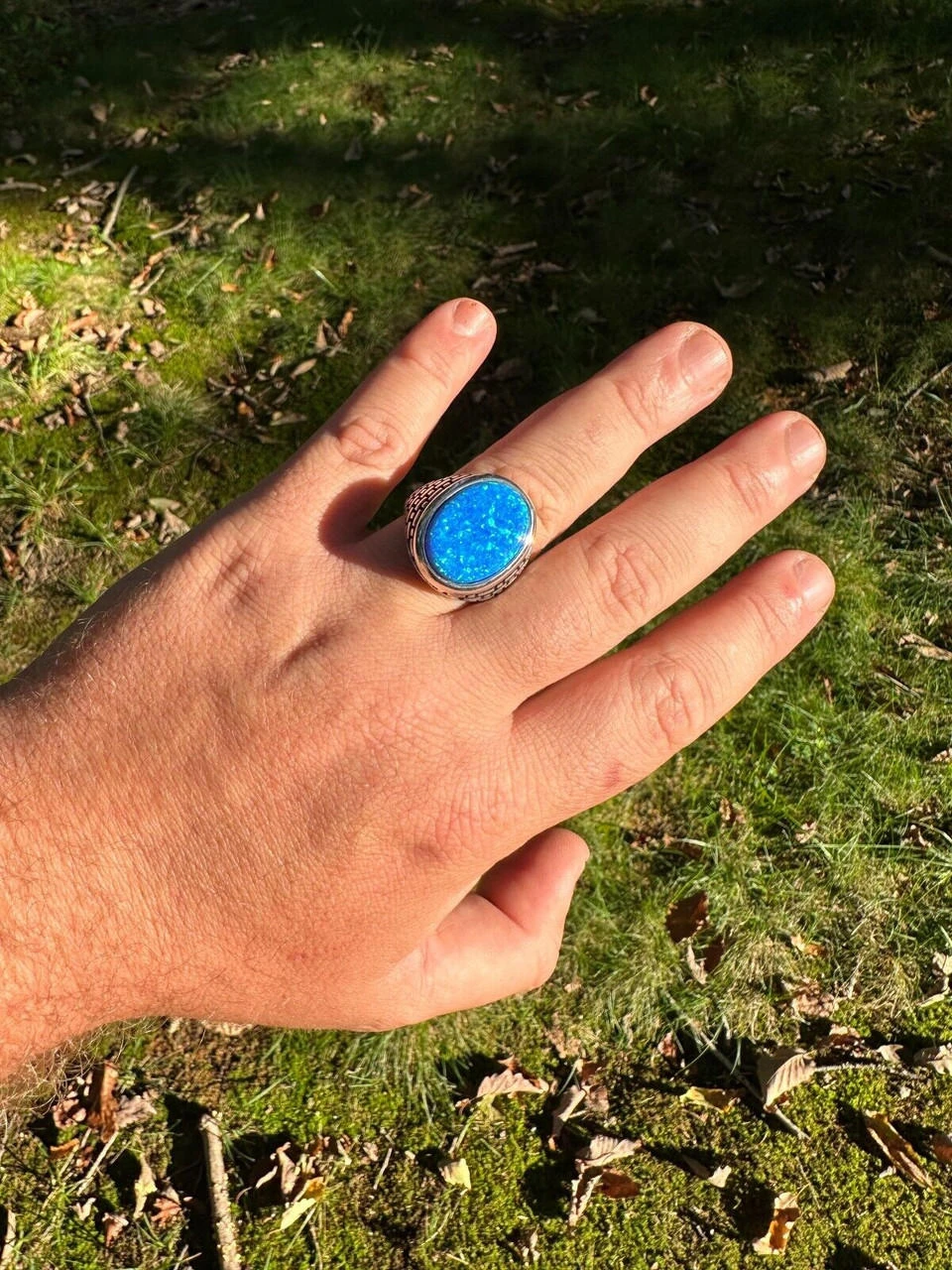 Real 925 Sterling Silver Lab Created Fire Blue Opal Gem Stone Ring Large Mens 7 Real 925 Sterling Silver Lab Created Fire Blue Opal Gem Stone Ring Large Mens - Image 5