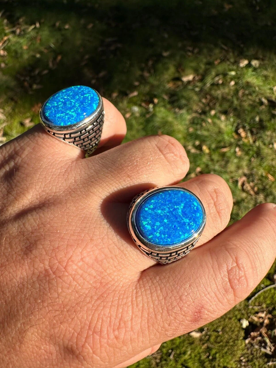 Real 925 Sterling Silver Lab Created Fire Blue Opal Gem Stone Ring Large Mens 6 Real 925 Sterling Silver Lab Created Fire Blue Opal Gem Stone Ring Large Mens - Image 4