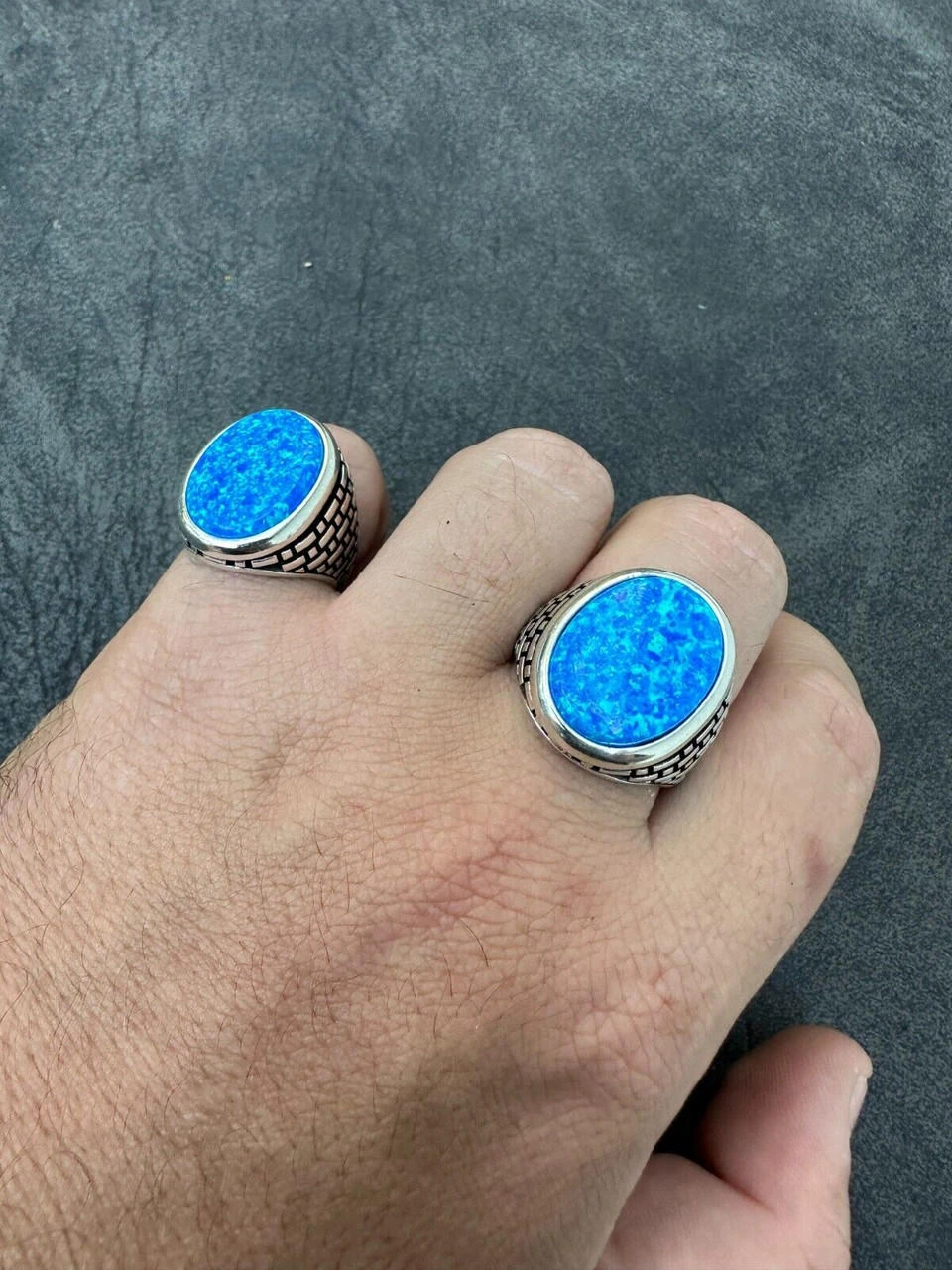 Real 925 Sterling Silver Lab Created Fire Blue Opal Gem Stone Ring Large Mens 16 Real 925 Sterling Silver Lab Created Fire Blue Opal Gem Stone Ring Large Mens - Image 14