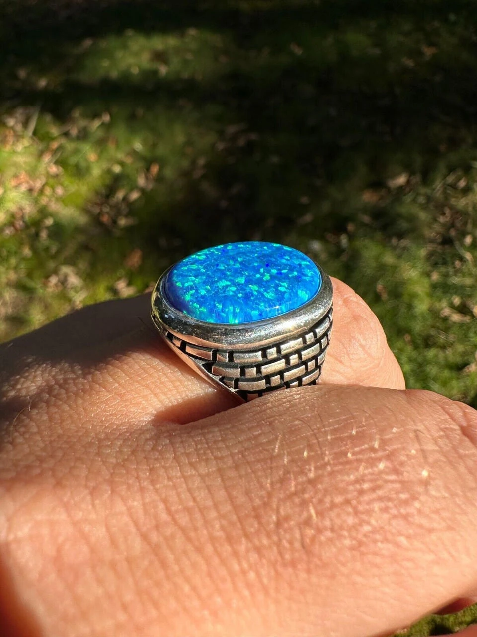 Real 925 Sterling Silver Lab Created Fire Blue Opal Gem Stone Ring Large Mens 4 Real 925 Sterling Silver Lab Created Fire Blue Opal Gem Stone Ring Large Mens - Image 2