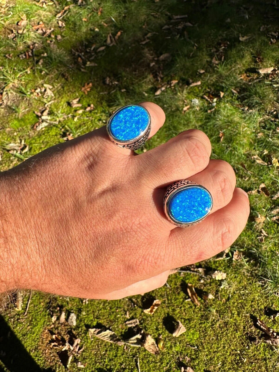 Real 925 Sterling Silver Lab Created Fire Blue Opal Gem Stone Ring Large Mens 11 Real 925 Sterling Silver Lab Created Fire Blue Opal Gem Stone Ring Large Mens - Image 9