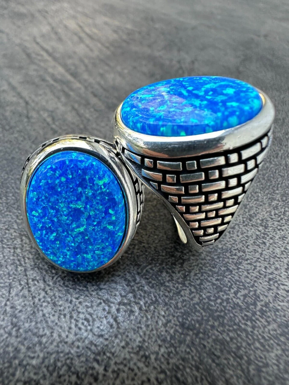 Real 925 Sterling Silver Lab Created Fire Blue Opal Gem Stone Ring Large Mens 5 Real 925 Sterling Silver Lab Created Fire Blue Opal Gem Stone Ring Large Mens - Image 3