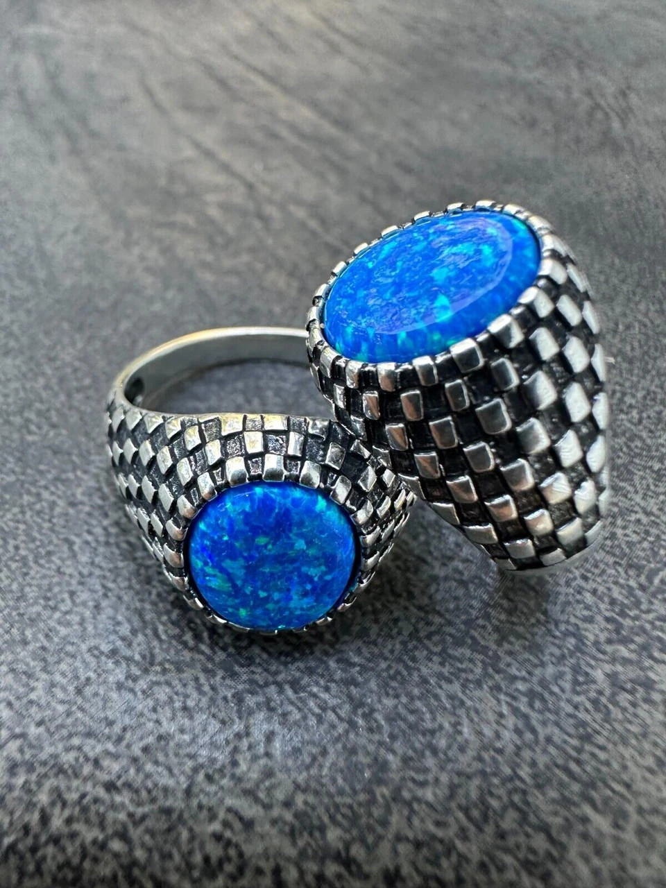 Real 925 Sterling Silver Lab Created Fire Blue Opal Gem Stone Ring Mens Ladies 5 Real 925 Sterling Silver Lab Created Fire Blue Opal Gem Stone Ring Mens Ladies - Image 3