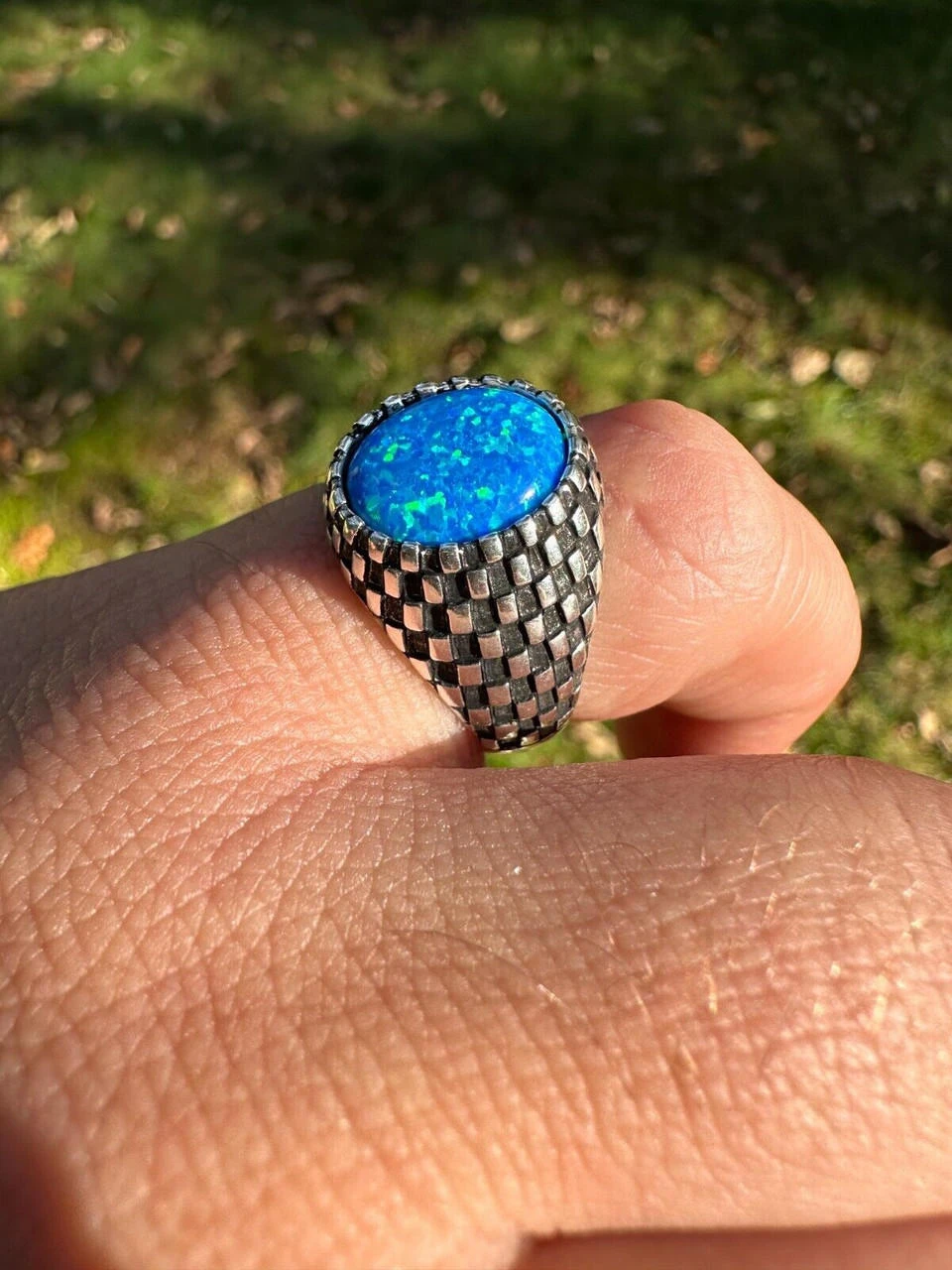 Real 925 Sterling Silver Lab Created Fire Blue Opal Gem Stone Ring Mens Ladies 11 Real 925 Sterling Silver Lab Created Fire Blue Opal Gem Stone Ring Mens Ladies - Image 9