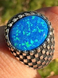 Real 925 Sterling Silver Lab Created Fire Blue Opal Gem Stone Ring Mens Ladies