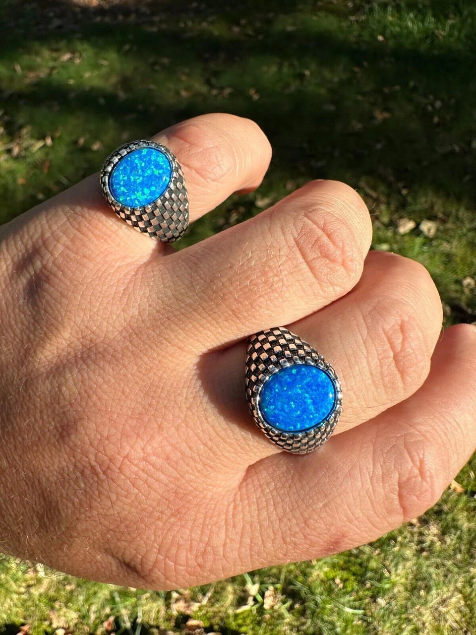 Real 925 Sterling Silver Lab Created Fire Blue Opal Gem Stone Ring Mens Ladies 7 Real 925 Sterling Silver Lab Created Fire Blue Opal Gem Stone Ring Mens Ladies - Image 5