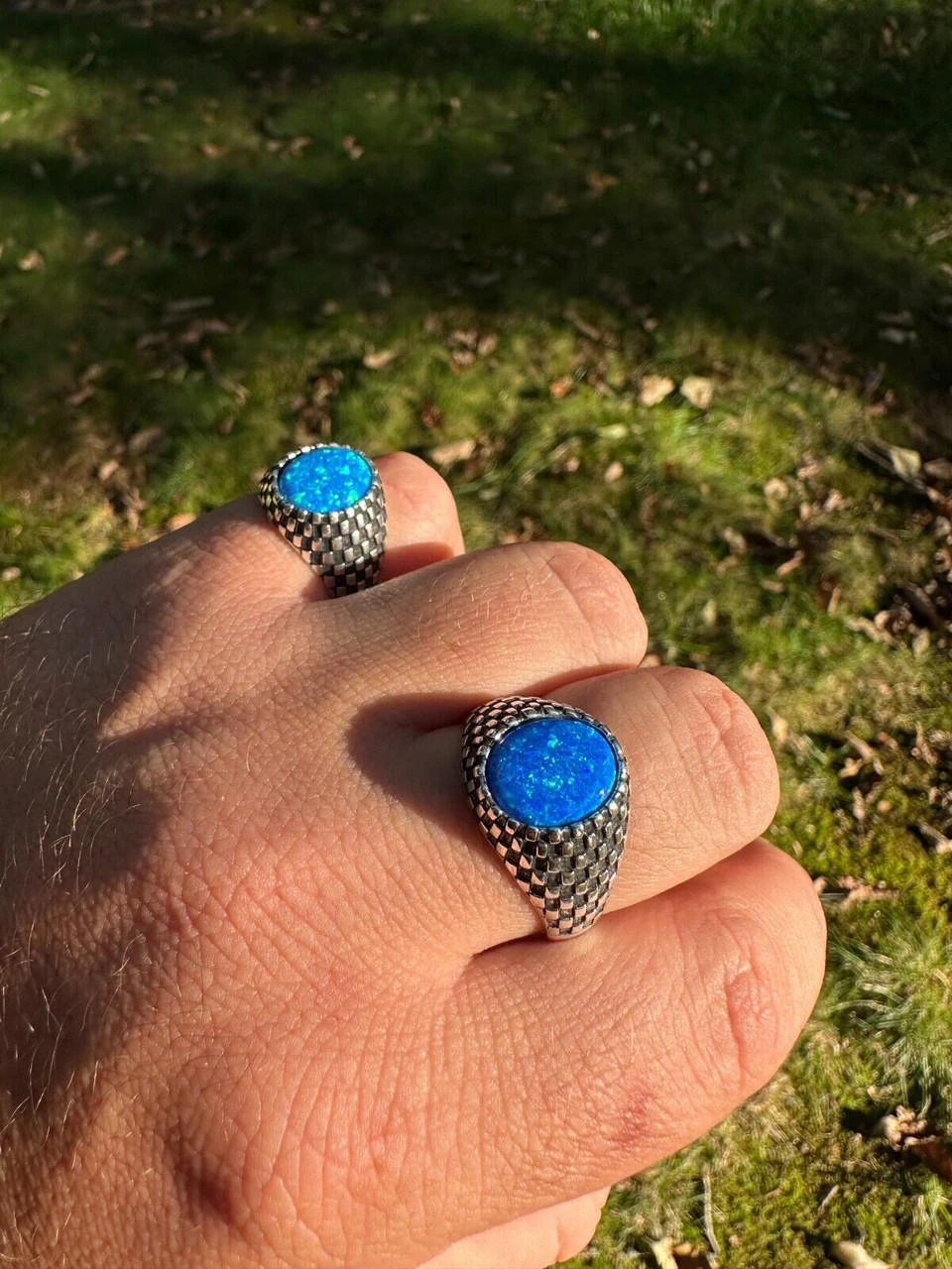 Real 925 Sterling Silver Lab Created Fire Blue Opal Gem Stone Ring Mens Ladies 4 Real 925 Sterling Silver Lab Created Fire Blue Opal Gem Stone Ring Mens Ladies - Image 2