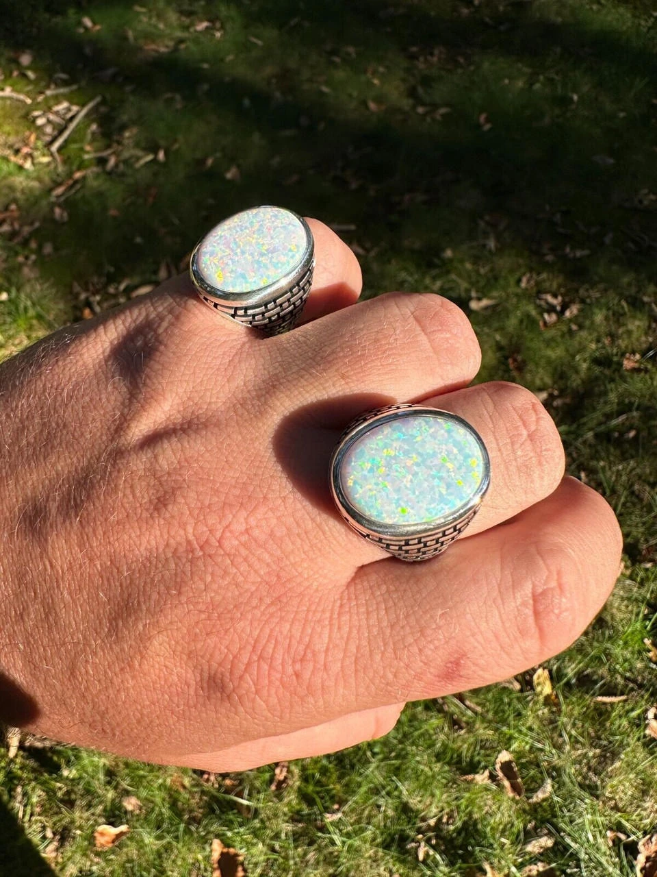 Real 925 Sterling Silver Lab Created White Fire Opal Gem Stone Ring Large Mens 4 Real 925 Sterling Silver Lab Created White Fire Opal Gem Stone Ring Large Mens - Image 2