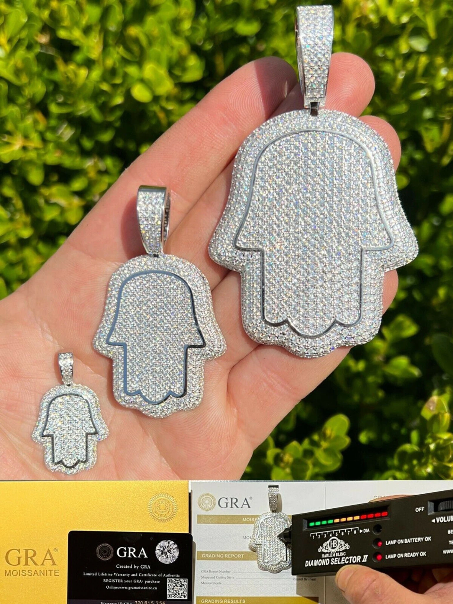 Real 925 Sterling Silver MOISSANITE Hamsa Hand Iced Pendant Pass Diamond Tester 3 Real 925 Sterling Silver MOISSANITE Hamsa Hand Iced Pendant Pass Diamond Tester