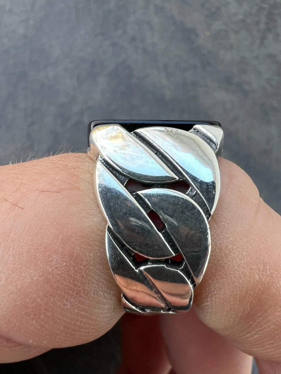 Real 925 Sterling Silver Natural Black Onyx Gemstone W. Miami Cuban Design Ring 4 Real 925 Sterling Silver Natural Black Onyx Gemstone W. Miami Cuban Design Ring - Image 2