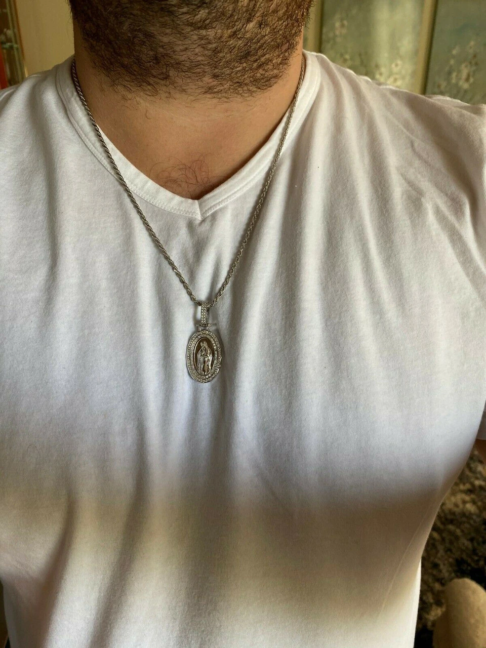 Real 925 Sterling Silver - Virgin Mary Necklace Pendant Iced Baguette Medallion 9 Real 925 Sterling Silver - Virgin Mary Necklace Pendant Iced Baguette Medallion - Image 7