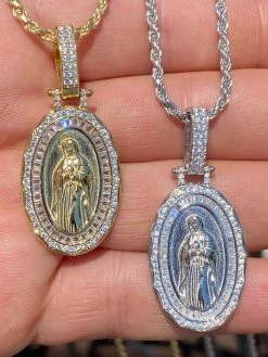 Real 925 Sterling Silver - Virgin Mary Necklace Pendant Iced Baguette Medallion