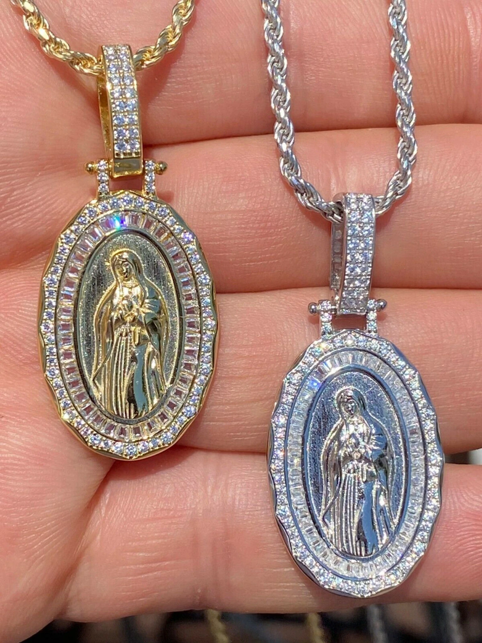 Real 925 Sterling Silver - Virgin Mary Necklace Pendant Iced Baguette Medallion 3 Real 925 Sterling Silver - Virgin Mary Necklace Pendant Iced Baguette Medallion
