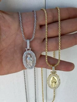 Real 925 Sterling Silver - Virgin Mary Necklace Pendant Iced Baguette Medallion 23 Real 925 Sterling Silver - Virgin Mary Necklace Pendant Iced Baguette Medallion -Harlem Bling Shop harlembling real 925 sterling silver virgin mary necklace pendant iced baguette medallion 37719.1664373875