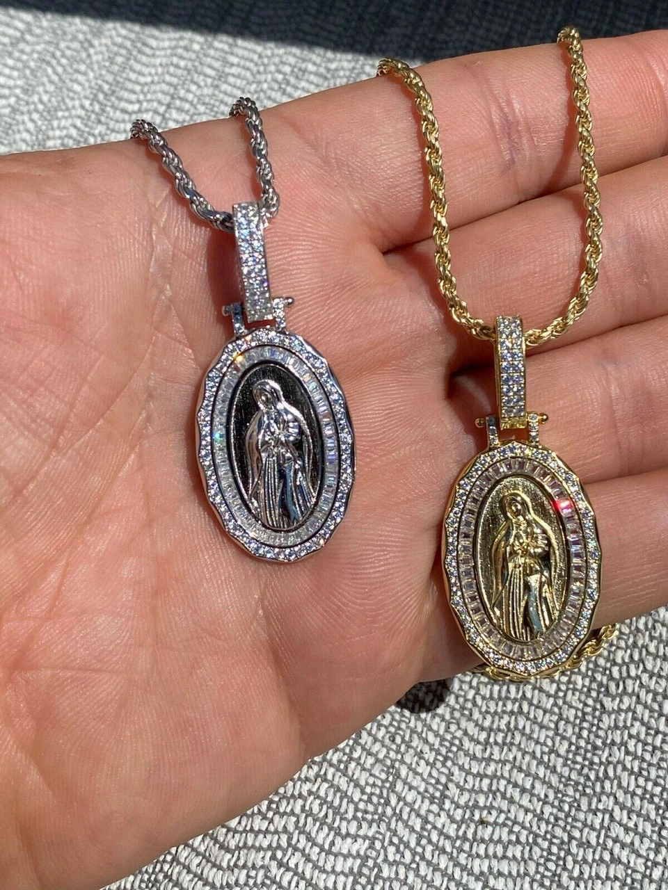 Real 925 Sterling Silver - Virgin Mary Necklace Pendant Iced Baguette Medallion 5 Real 925 Sterling Silver - Virgin Mary Necklace Pendant Iced Baguette Medallion - Image 3