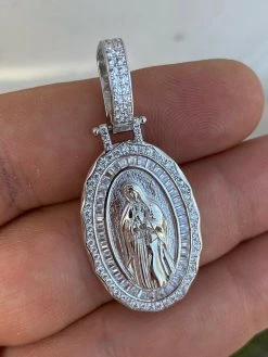Real 925 Sterling Silver - Virgin Mary Necklace Pendant Iced Baguette Medallion 17 Real 925 Sterling Silver - Virgin Mary Necklace Pendant Iced Baguette Medallion -Harlem Bling Shop harlembling real 925 sterling silver virgin mary necklace pendant iced baguette medallion 59323.1664389570
