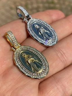 Real 925 Sterling Silver - Virgin Mary Necklace Pendant Iced Baguette Medallion 21 Real 925 Sterling Silver - Virgin Mary Necklace Pendant Iced Baguette Medallion -Harlem Bling Shop harlembling real 925 sterling silver virgin mary necklace pendant iced baguette medallion 95582.1664378756