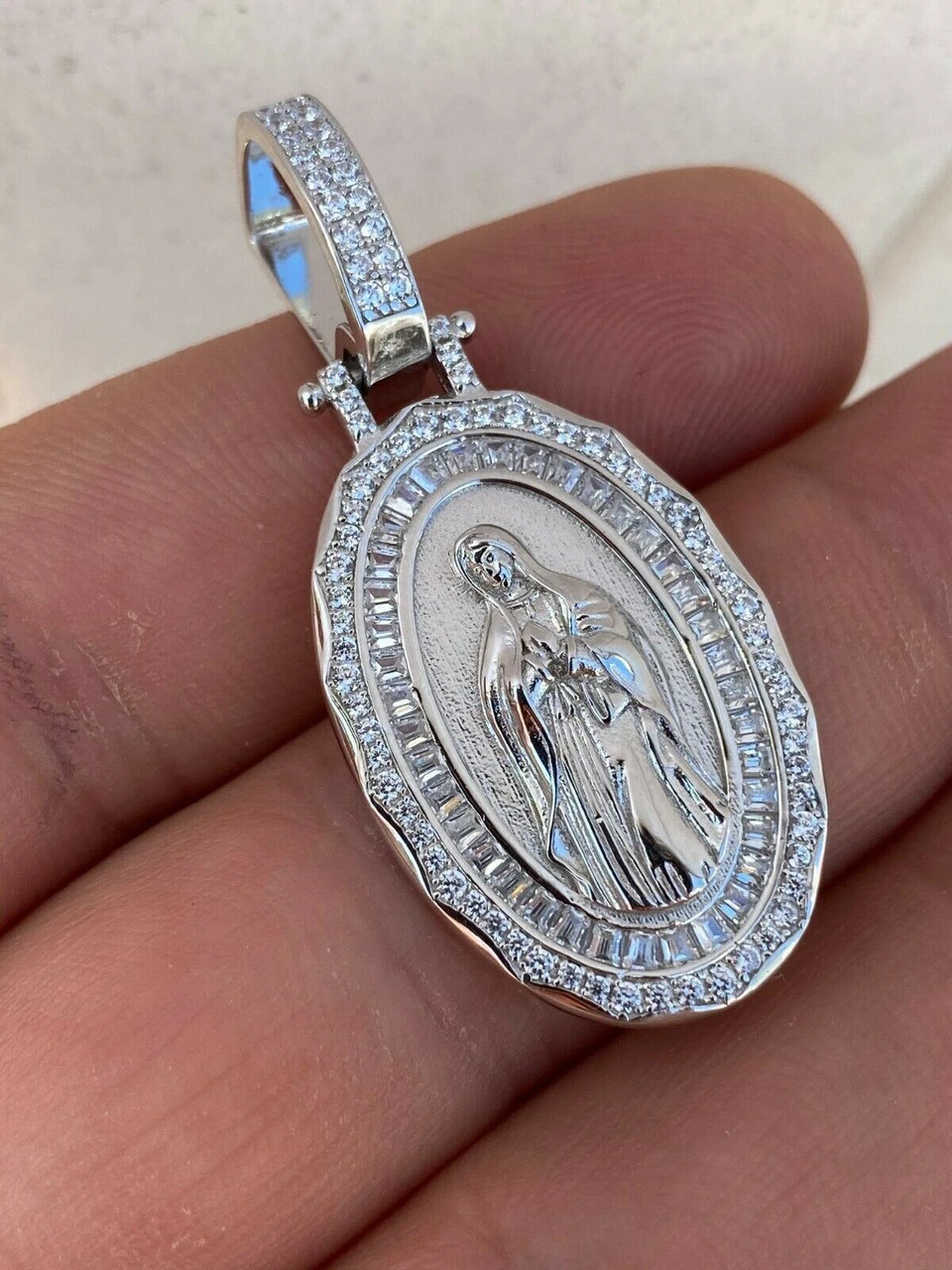 Real 925 Sterling Silver - Virgin Mary Necklace Pendant Iced Baguette Medallion 12 Real 925 Sterling Silver - Virgin Mary Necklace Pendant Iced Baguette Medallion - Image 10