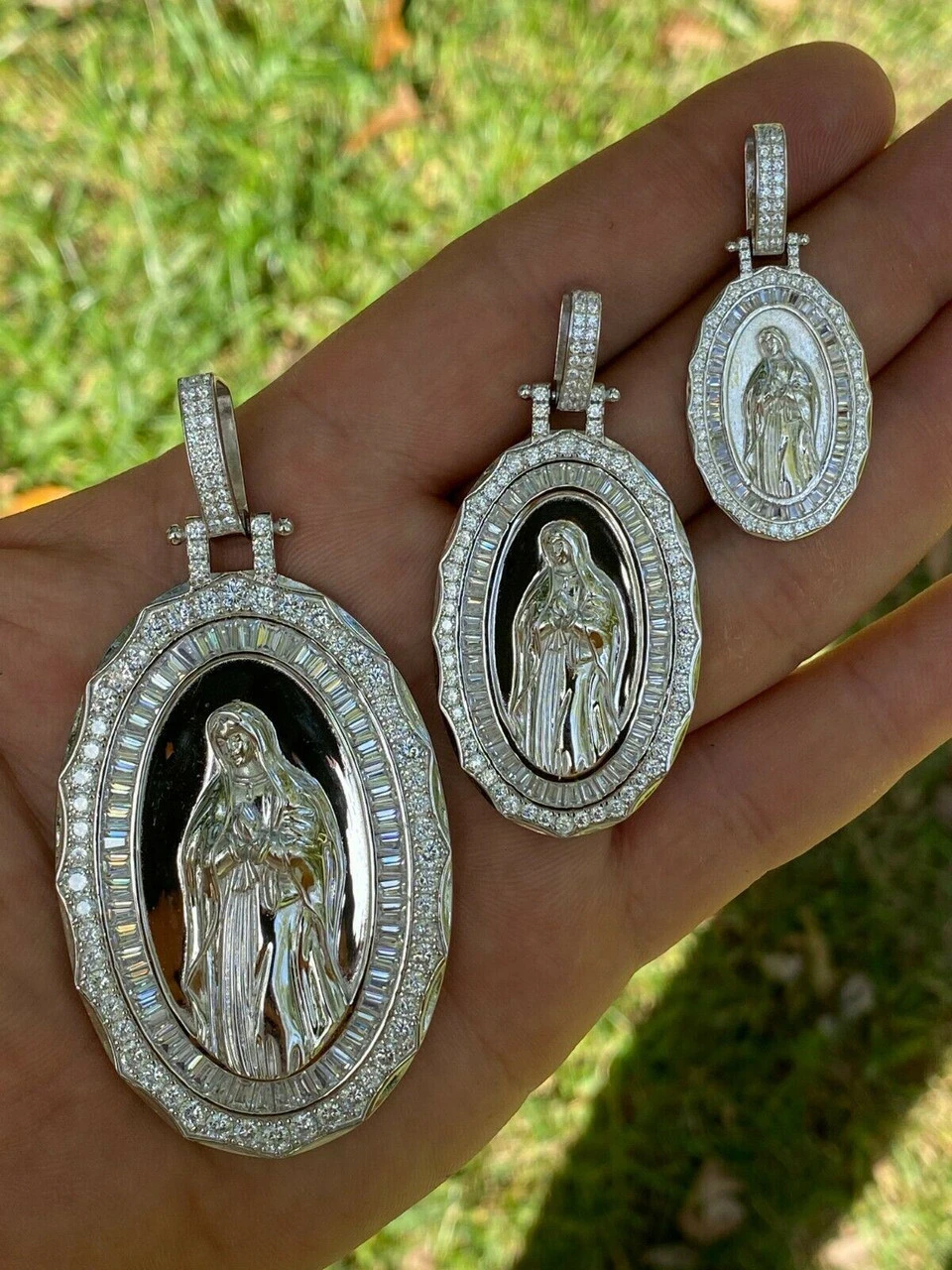 Real 925 Sterling Silver Virgin Mary Necklace Pendant Iced Diamond Medallion Men 7 Real 925 Sterling Silver Virgin Mary Necklace Pendant Iced Diamond Medallion Men - Image 5
