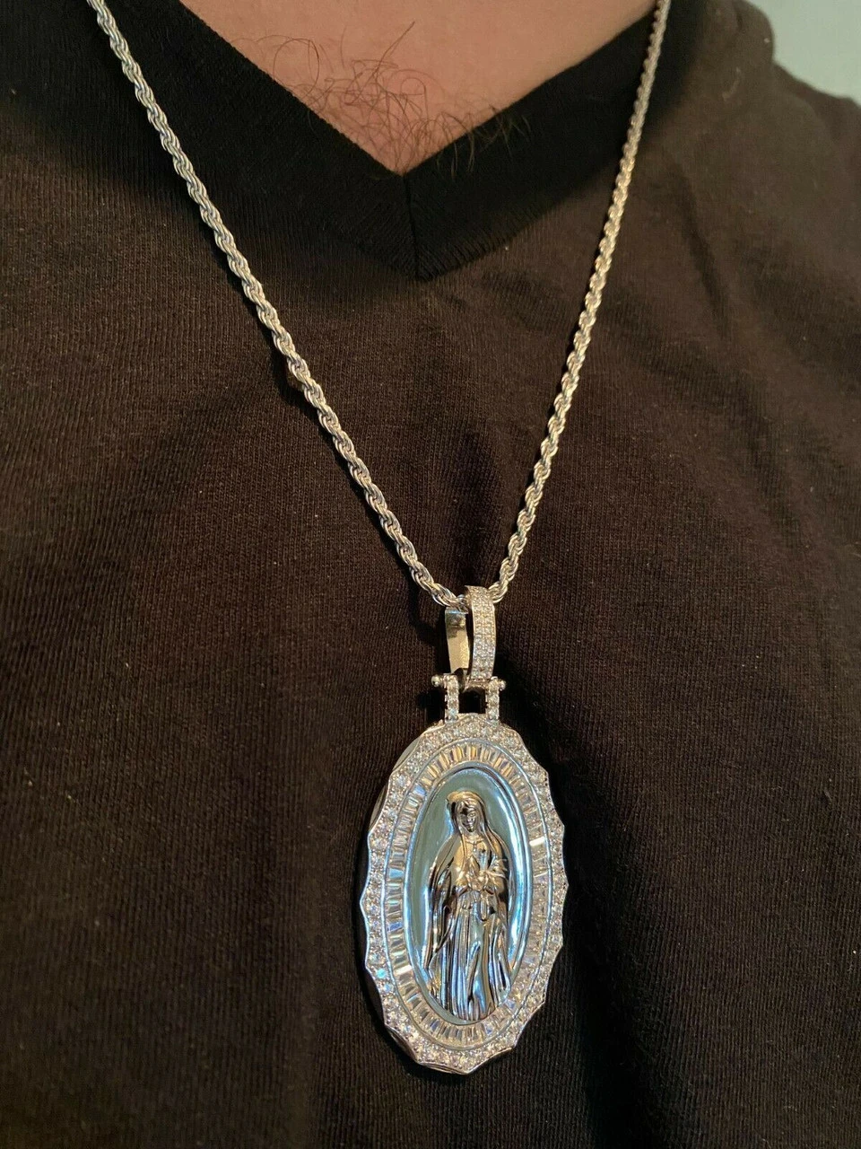 Real 925 Sterling Silver Virgin Mary Necklace Pendant Iced Diamond Medallion Men 9 Real 925 Sterling Silver Virgin Mary Necklace Pendant Iced Diamond Medallion Men - Image 7