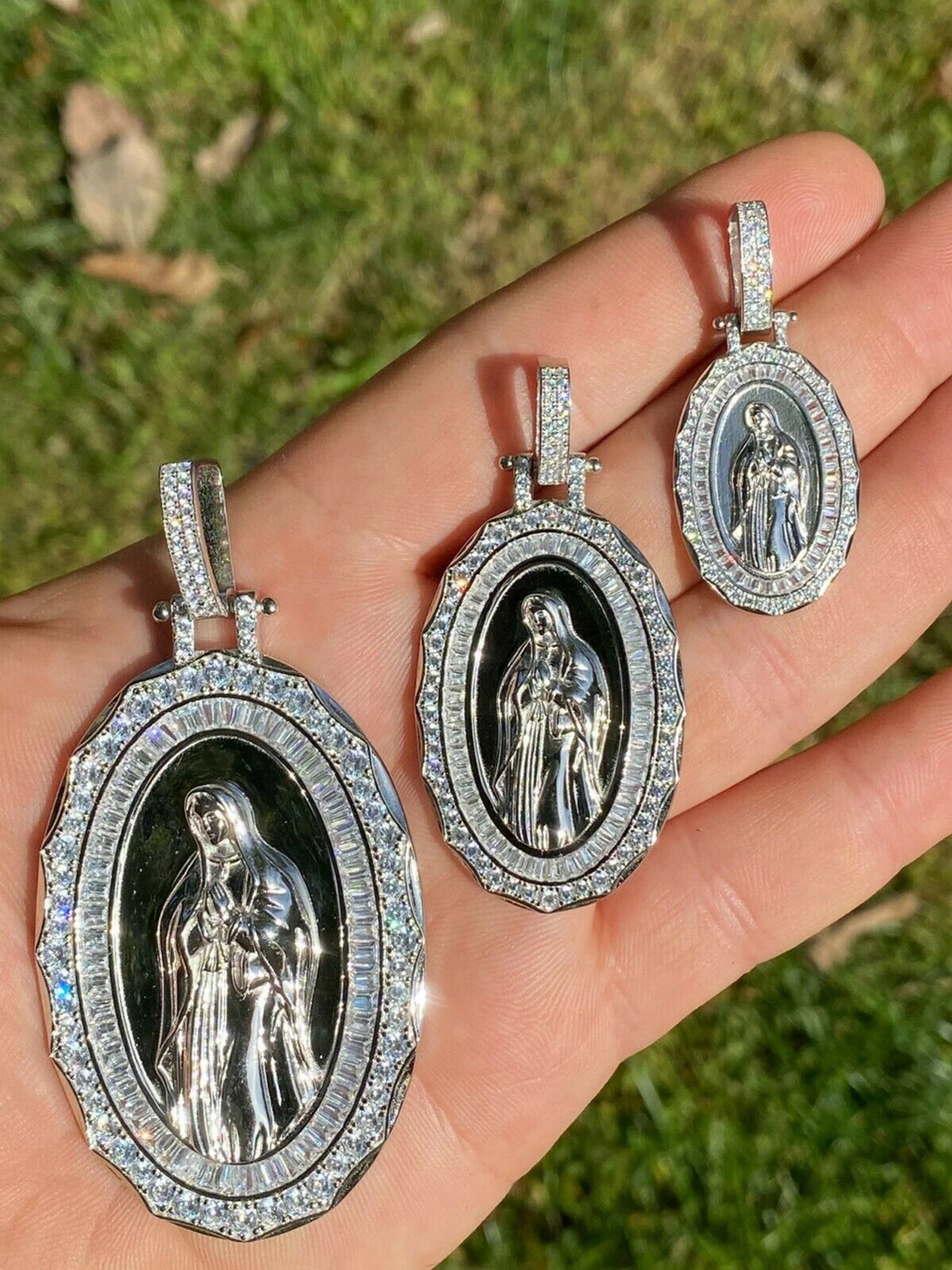 Real 925 Sterling Silver Virgin Mary Necklace Pendant Iced Diamond Medallion Men 3 Real 925 Sterling Silver Virgin Mary Necklace Pendant Iced Diamond Medallion Men