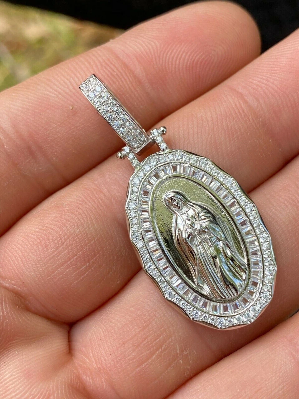 Real 925 Sterling Silver Virgin Mary Necklace Pendant Iced Diamond Medallion Men 8 Real 925 Sterling Silver Virgin Mary Necklace Pendant Iced Diamond Medallion Men - Image 6
