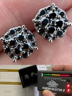 Real Black MOISSANITE Oxidized Rhodium 925 Silver Round Cluster Earrings Hip Hop