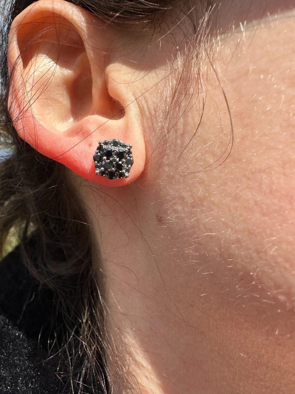 Real Black MOISSANITE Oxidized Rhodium 925 Silver Round Cluster Earrings Hip Hop 5 Real Black MOISSANITE Oxidized Rhodium 925 Silver Round Cluster Earrings Hip Hop - Image 3