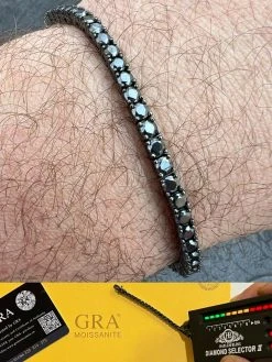 Real Black MOISSANITE Tennis Bracelet 925 Sterling Silver Pass Diamond Test 3mm