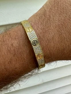 Real Fully Iced MOISSANITE Solid 14k Gold Plated 925 Silver Bangle Bracelet Mens Or Ladies -Harlem Bling Shop harlembling real fully iced moissanite solid 14k gold plated 925 silver bangle bracelet mens or ladies 10399.1682454608