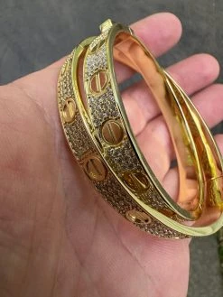 Real Fully Iced MOISSANITE Solid 14k Gold Plated 925 Silver Bangle Bracelet Mens Or Ladies -Harlem Bling Shop harlembling real fully iced moissanite solid 14k gold plated 925 silver bangle bracelet mens or ladies 88090.1682454572