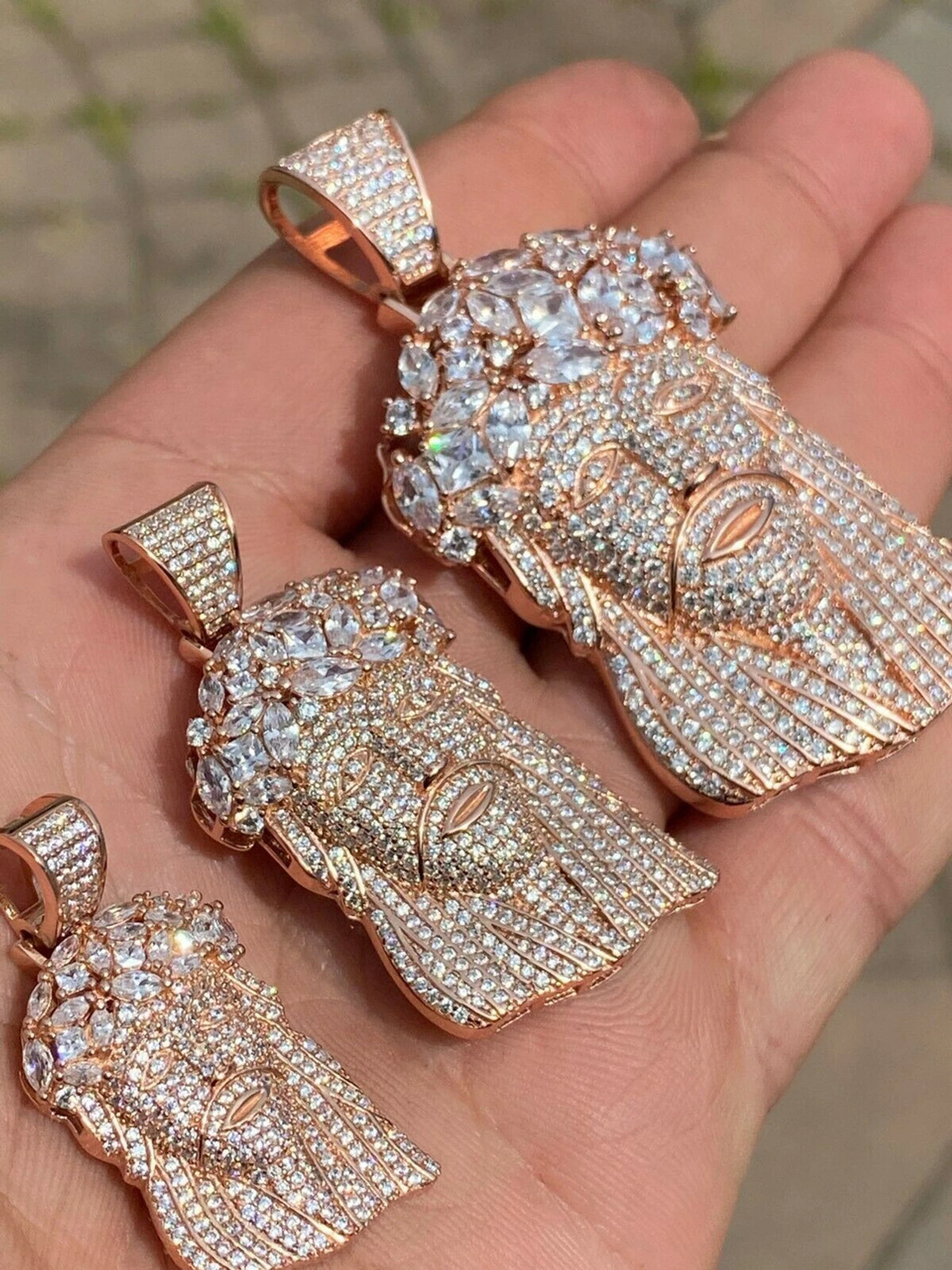 Real Hip Hop 14k Rose Gold Over 925 Sterling Silver Jesus Piece CZ Pendant Iced 3 Real Hip Hop 14k Rose Gold Over 925 Sterling Silver Jesus Piece CZ Pendant Iced
