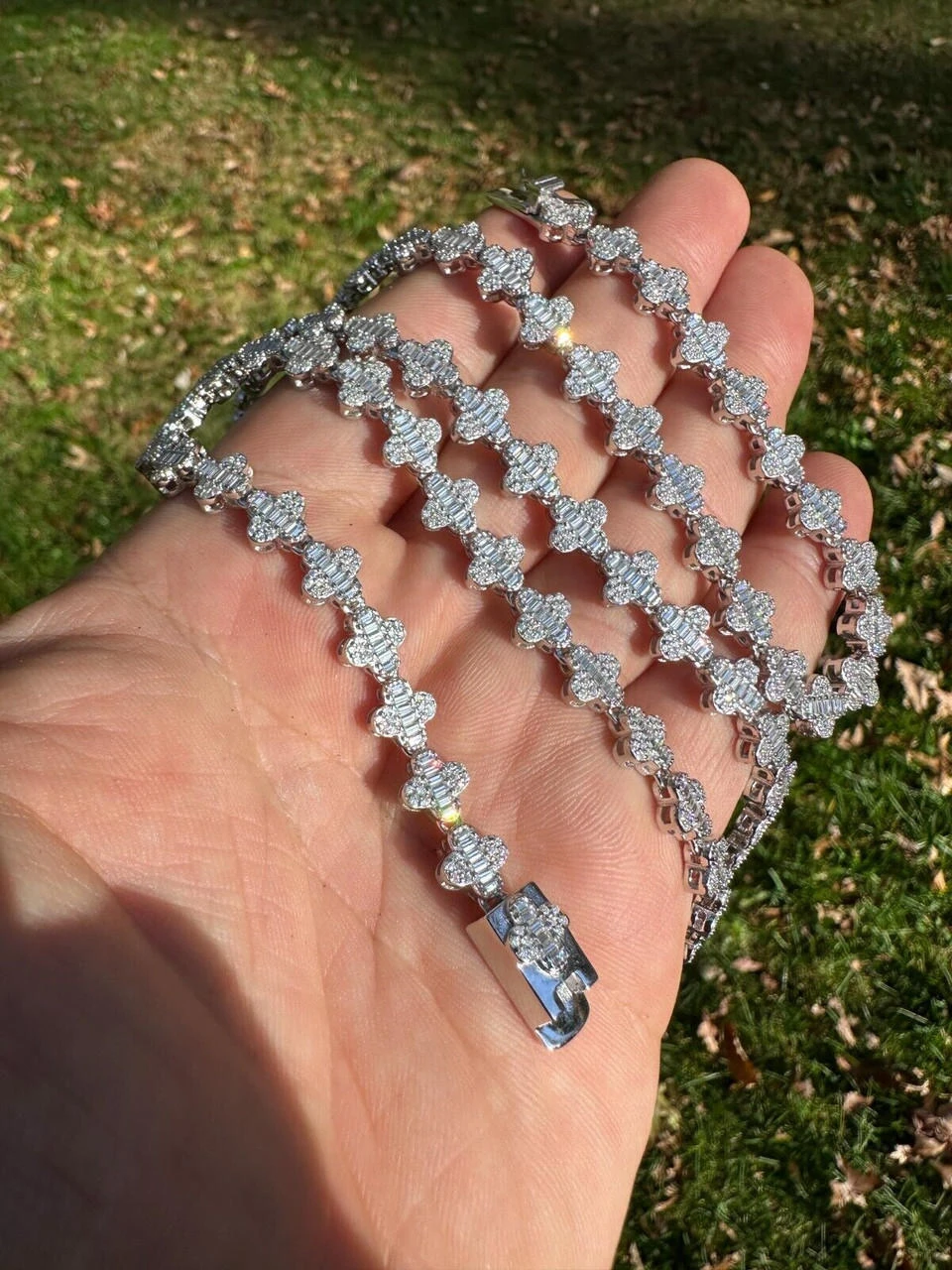 Real Iced MOISSANITE Baguette Clover Tennis Chain Necklace - VVS D Color 8mm 6 Real Iced MOISSANITE Baguette Clover Tennis Chain Necklace - VVS D Color 8mm - Image 4