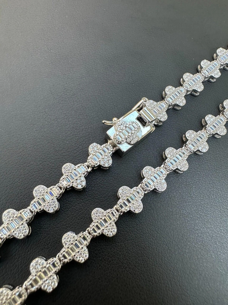 Real Iced MOISSANITE Baguette Clover Tennis Chain Necklace - VVS D Color 8mm 16 Real Iced MOISSANITE Baguette Clover Tennis Chain Necklace - VVS D Color 8mm - Image 14