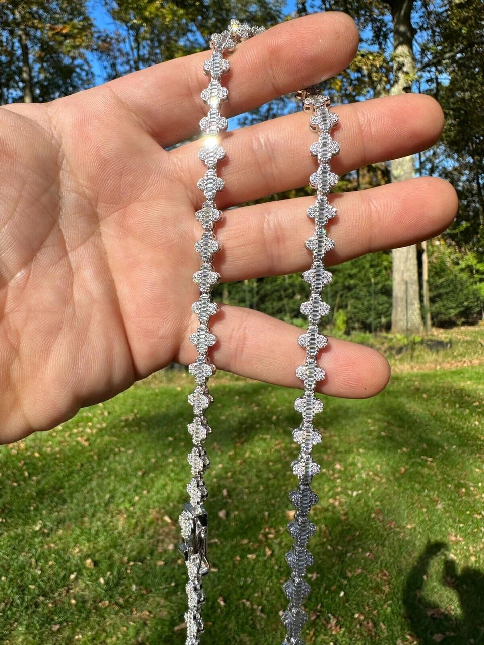 Real Iced MOISSANITE Baguette Clover Tennis Chain Necklace - VVS D Color 8mm 21 Real Iced MOISSANITE Baguette Clover Tennis Chain Necklace - VVS D Color 8mm - Image 19