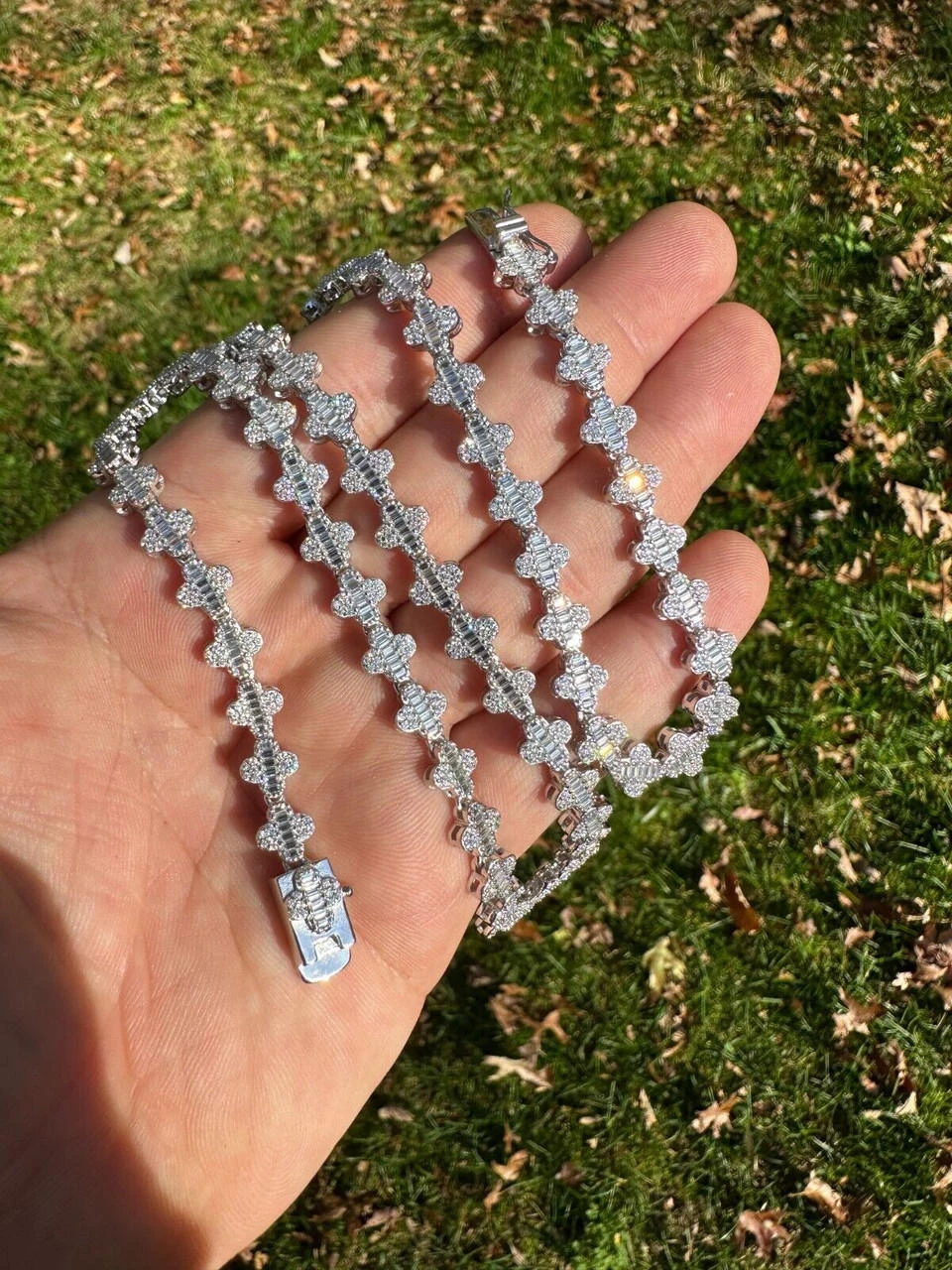 Real Iced MOISSANITE Baguette Clover Tennis Chain Necklace - VVS D Color 8mm 9 Real Iced MOISSANITE Baguette Clover Tennis Chain Necklace - VVS D Color 8mm - Image 7