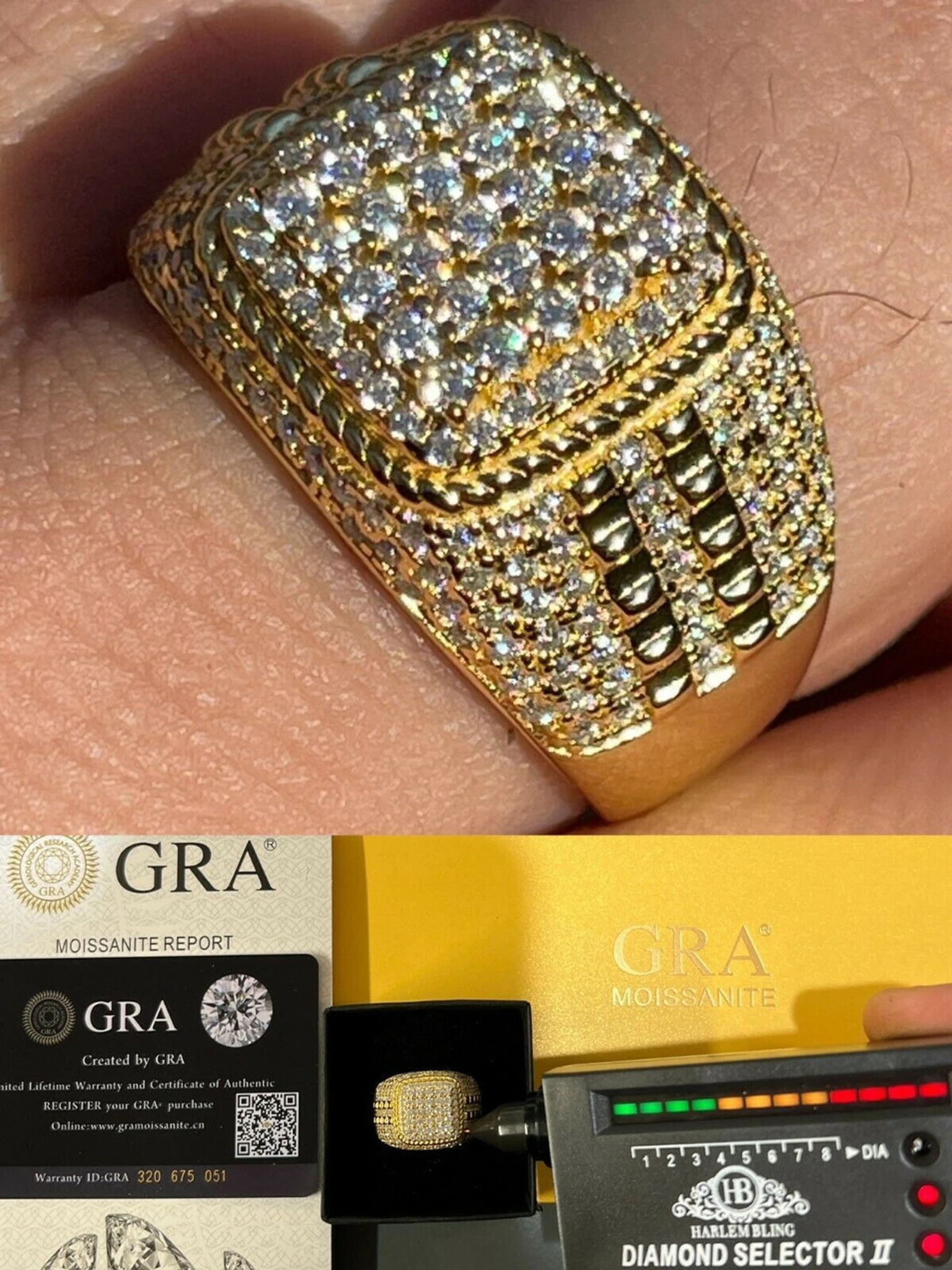 Real Mens Hip Hop Iced MOISSANITE Ring 14k Gold Vermeil Pass Diamond Test W. GRA 3 Real Mens Hip Hop Iced MOISSANITE Ring 14k Gold Vermeil Pass Diamond Test W. GRA