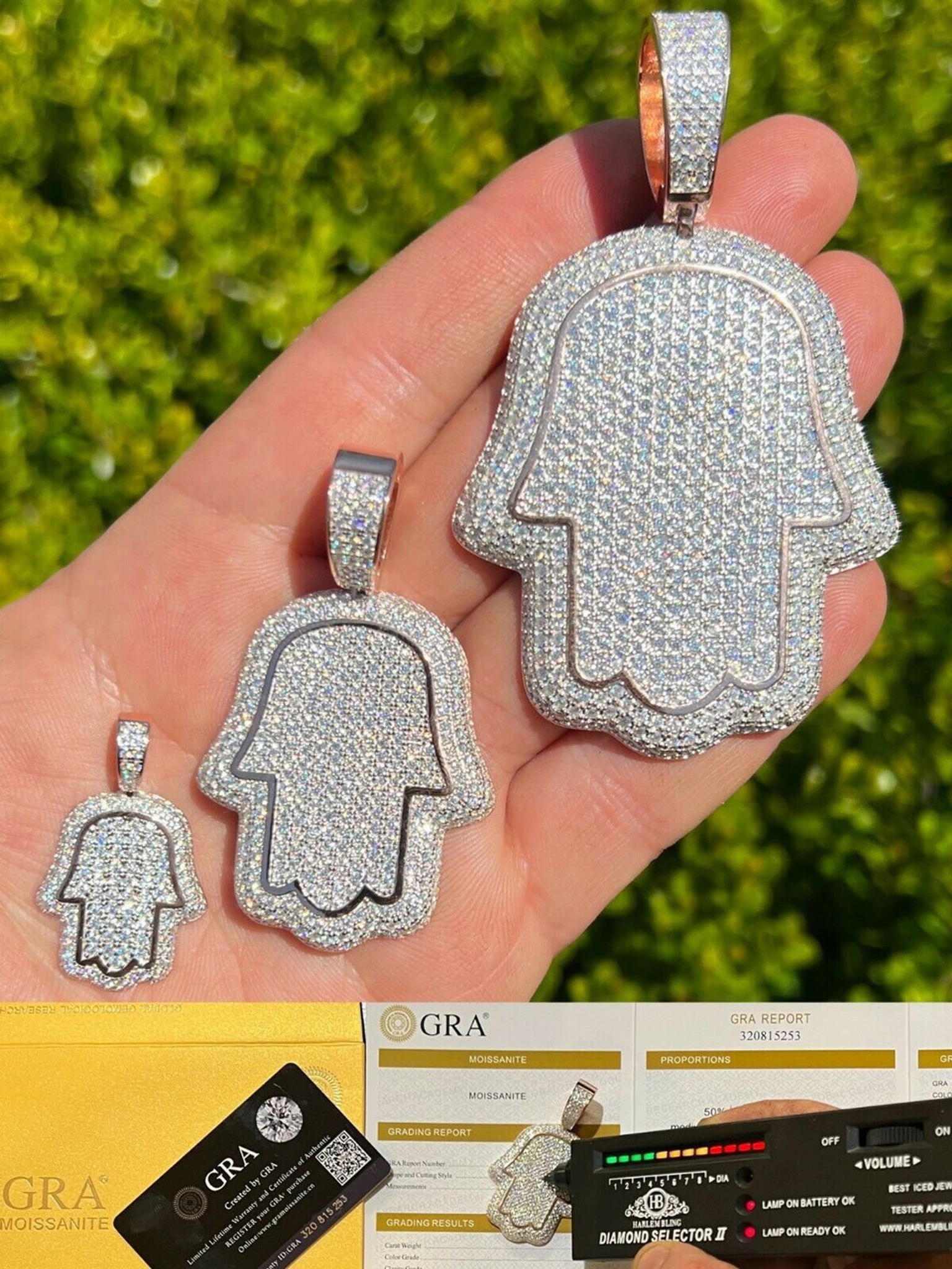 Real MOISSANITE 14k Rose Gold Vermeil Hamsa Hand Iced Pendant Pass Diamond Test 3 Real MOISSANITE 14k Rose Gold Vermeil Hamsa Hand Iced Pendant Pass Diamond Test