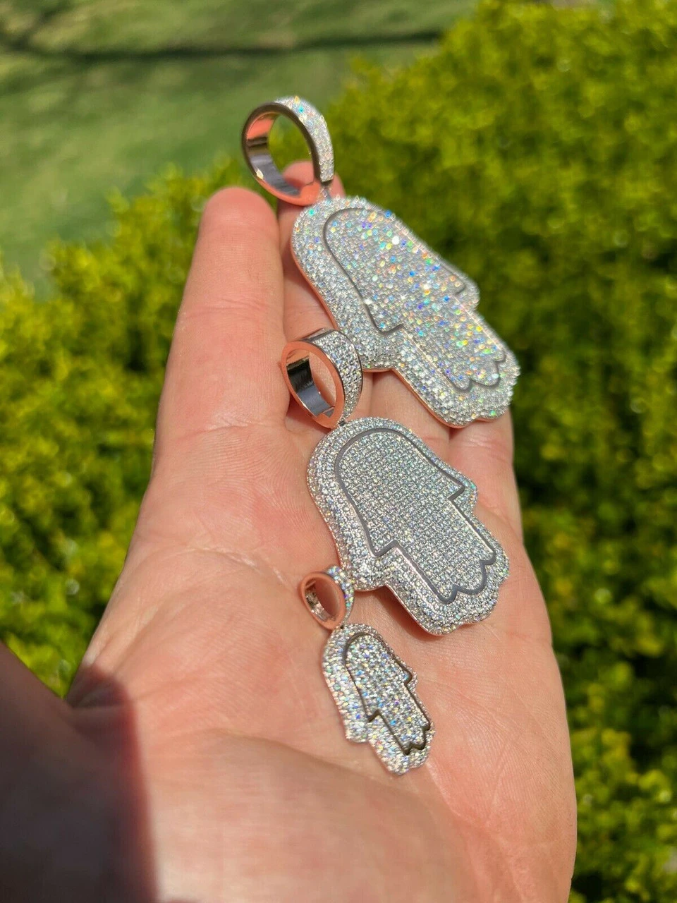 Real MOISSANITE 14k Rose Gold Vermeil Hamsa Hand Iced Pendant Pass Diamond Test 5 Real MOISSANITE 14k Rose Gold Vermeil Hamsa Hand Iced Pendant Pass Diamond Test - Image 3