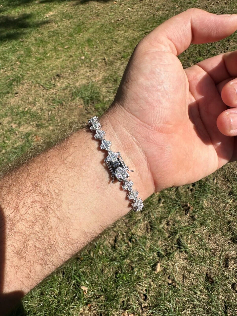 Real MOISSANITE 925 Silver 12mm Iced Baguette Clover Graduated Tennis Bracelet 10 Real MOISSANITE 925 Silver 12mm Iced Baguette Clover Graduated Tennis Bracelet - Image 8