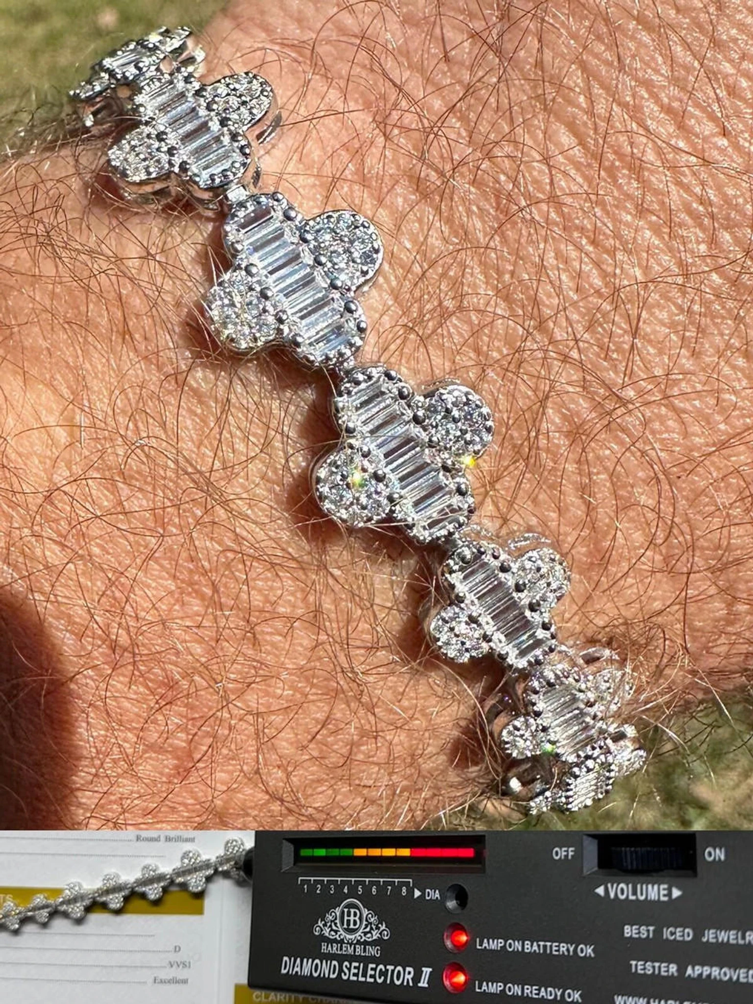 Real MOISSANITE 925 Silver 12mm Iced Baguette Clover Graduated Tennis Bracelet 3 Real MOISSANITE 925 Silver 12mm Iced Baguette Clover Graduated Tennis Bracelet