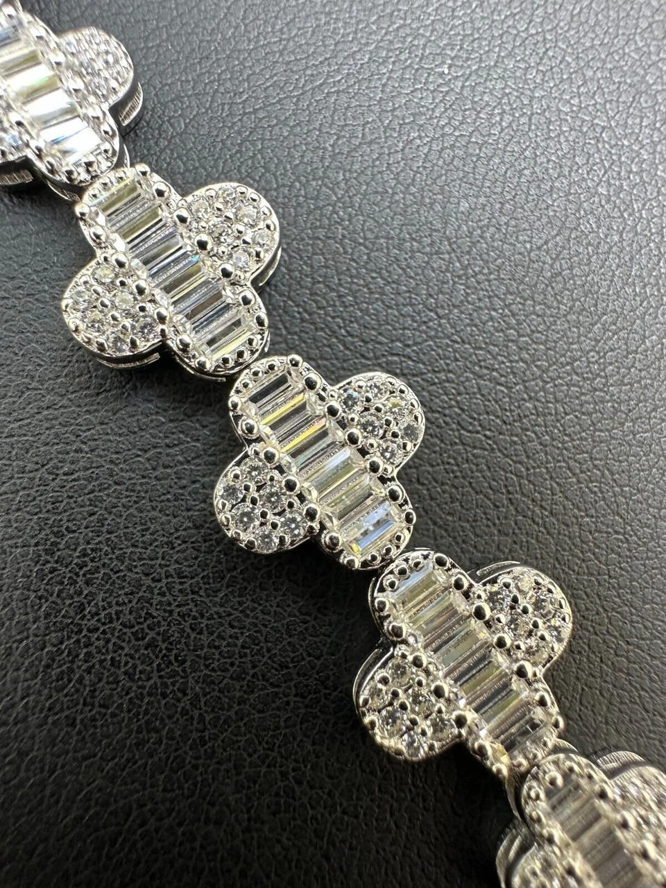 Real MOISSANITE 925 Silver 12mm Iced Baguette Clover Graduated Tennis Bracelet 9 Real MOISSANITE 925 Silver 12mm Iced Baguette Clover Graduated Tennis Bracelet - Image 7