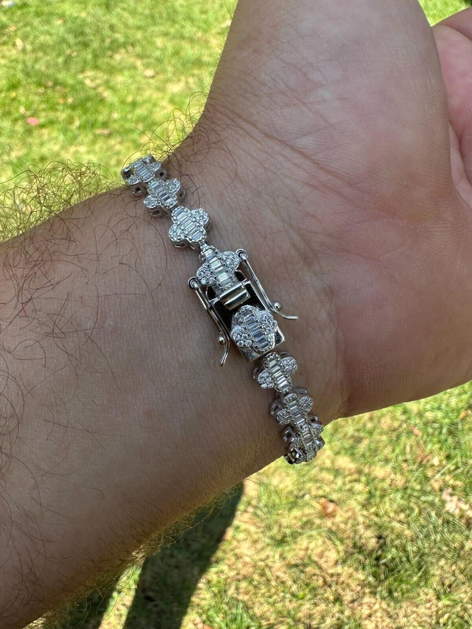 Real MOISSANITE 925 Silver 12mm Iced Baguette Clover Graduated Tennis Bracelet 14 Real MOISSANITE 925 Silver 12mm Iced Baguette Clover Graduated Tennis Bracelet - Image 12