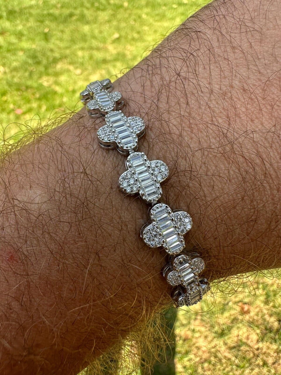 Real MOISSANITE 925 Silver 12mm Iced Baguette Clover Graduated Tennis Bracelet 8 Real MOISSANITE 925 Silver 12mm Iced Baguette Clover Graduated Tennis Bracelet - Image 6