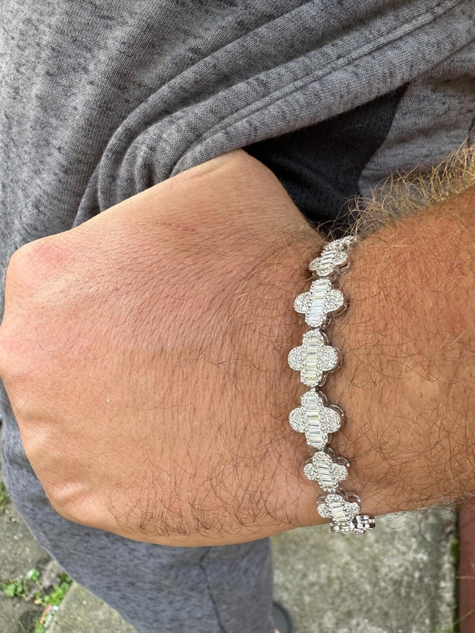 Real MOISSANITE 925 Silver 12mm Iced Baguette Clover Graduated Tennis Bracelet 13 Real MOISSANITE 925 Silver 12mm Iced Baguette Clover Graduated Tennis Bracelet - Image 11