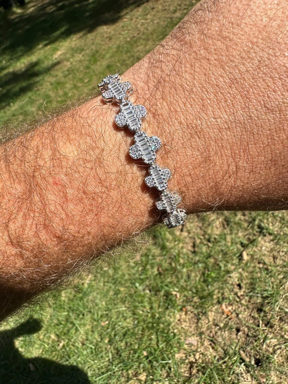 Real MOISSANITE 925 Silver 12mm Iced Baguette Clover Graduated Tennis Bracelet 16 Real MOISSANITE 925 Silver 12mm Iced Baguette Clover Graduated Tennis Bracelet - Image 14