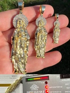 Real MOISSANITE 925 Silver 14k Gold Plated Virgin Mary Pendant Iced Necklace