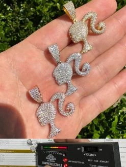 Real MOISSANITE 925 Silver Barbie Doll Pendant Necklace 14k Gold Plated Iced